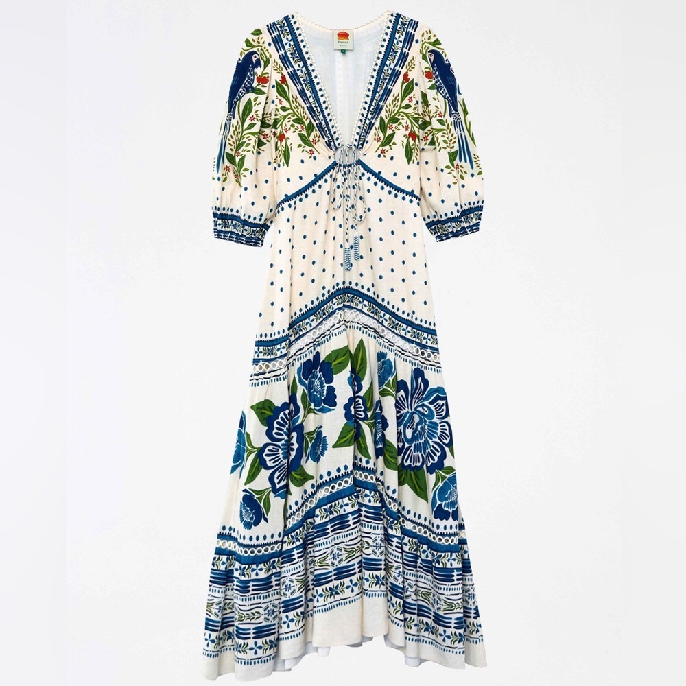 Farm Rio Macaw Flight Maxi Dress Off White Blue Floral NWT Size S - Picture 5 of 16